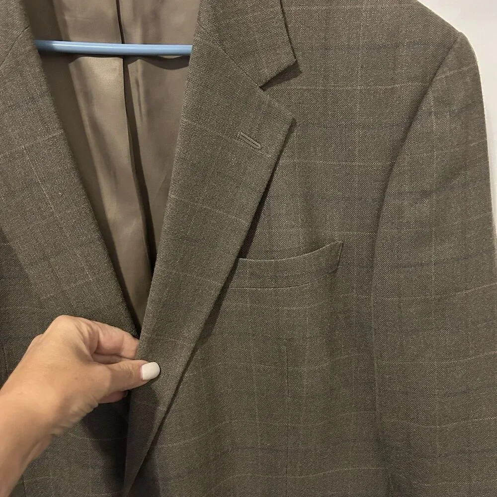 JOS A BANK mens gray PLAID silk + wool sport coat suit jacket blazer 46L